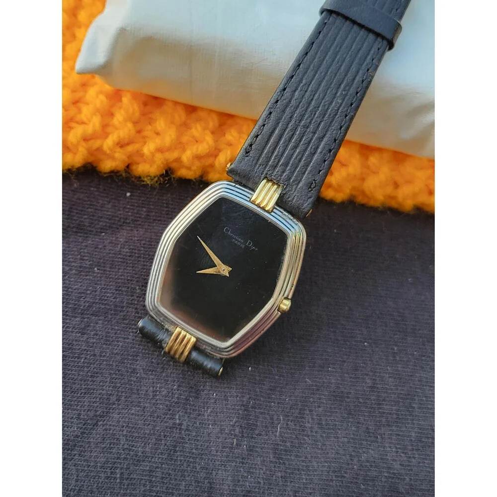 Vintage Christian Dior Quartz Watch Tonneau Hexagon Two Tone Black Dial Leather